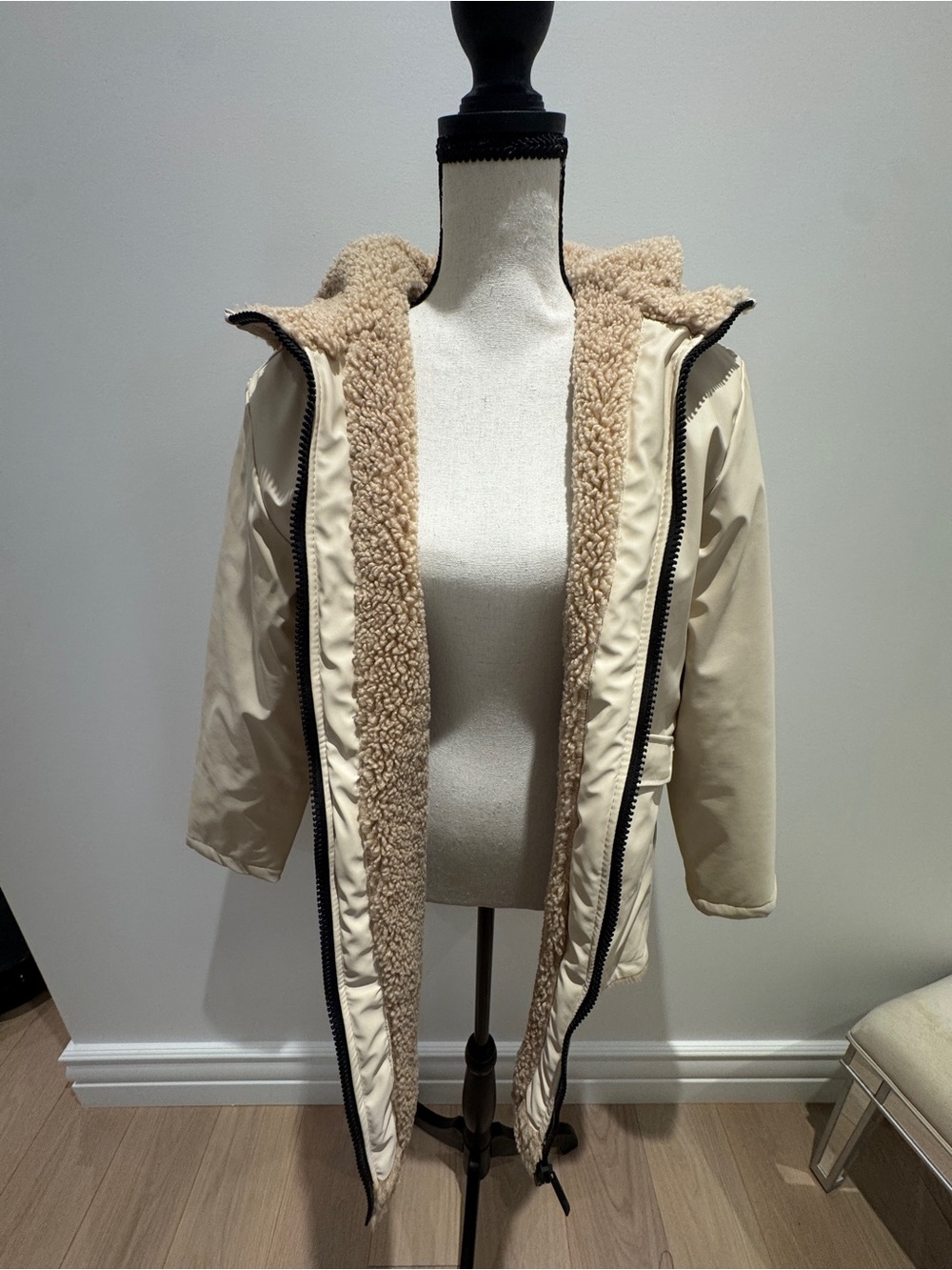 Zara Cream Sherpa-Lined Hooded Puffer Coat